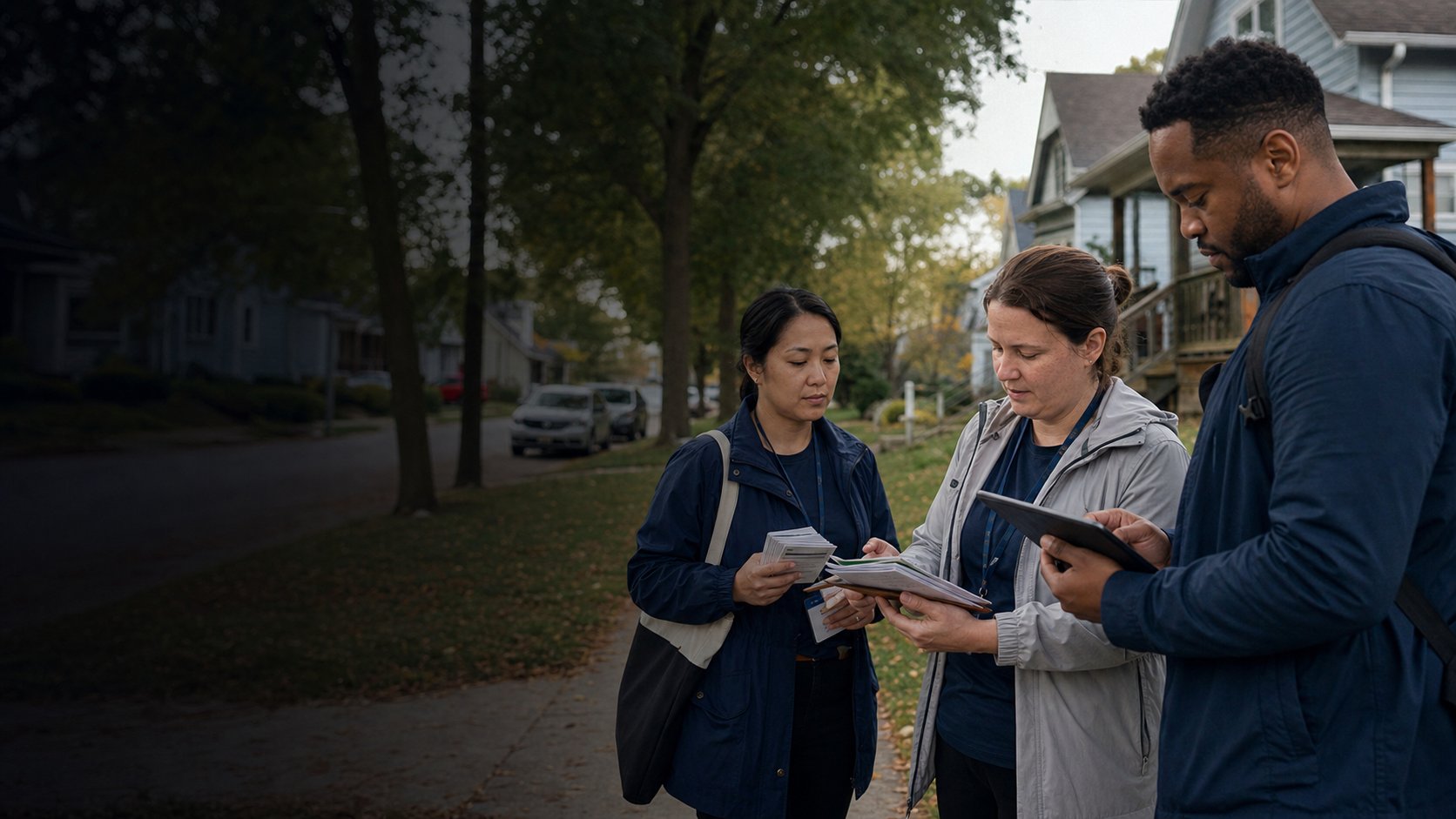 A field organizer reviewing materials with a canvassing team before deployment